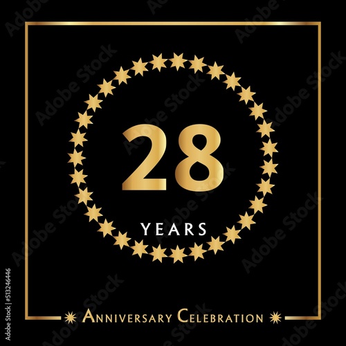 28 years anniversary celebration with golden circle star frame isolated on black background. Creative design for happy birthday, wedding, ceremony, event party, invitation event, and greeting card.