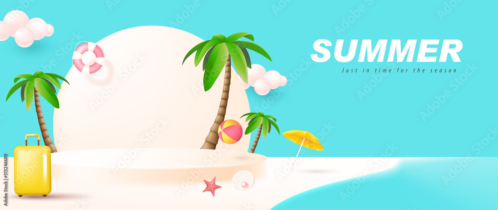 Naklejka premium Summerposter banner template for promotion with product display cylindrical shape and beach background