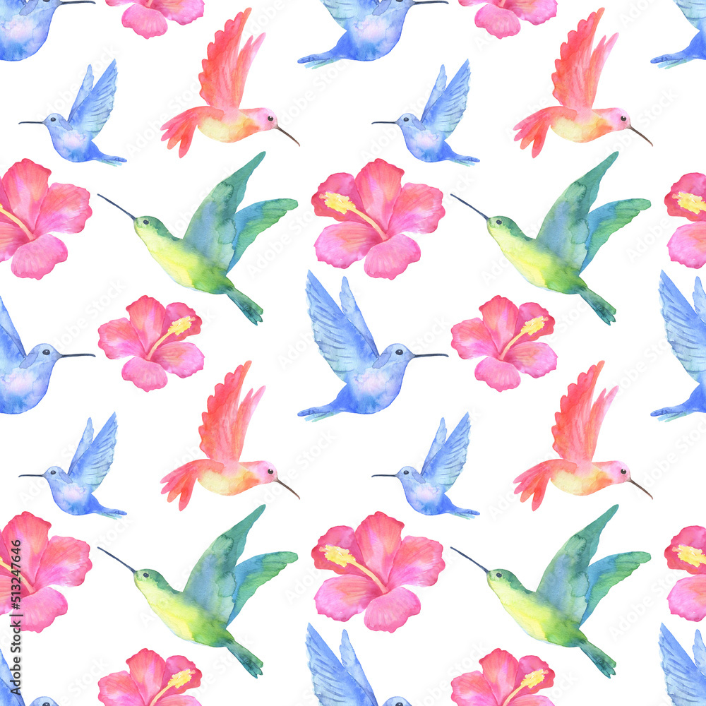 Seamless pattern. Watercolor tropical hummingbird and flower hibiscus isolated on white background.