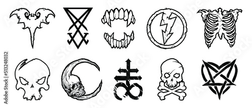 Gothic style modern design for prints- bat, lucifer, teeth, lightning, chest bone, moon skull and pentagram.T-shirt print for Horror or Halloween.Hand drawing isolated on white background.Vector EPS10