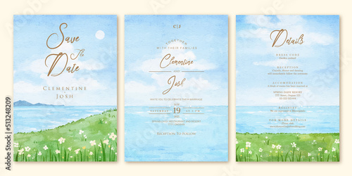 Set of wedding invitation with landscape beach hand drawn watercolor background template