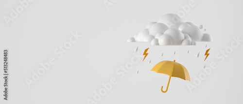 3d cartoon rain clouds and yellow umbrella on white background. concept rainy season for banner, cover, poster, brochure. 3d rendering illustration