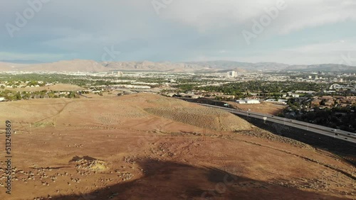 Aerial Pan of Reno and Sparks Nevada at Golden Hour from North off Highway 395.  Drone Shot. photo