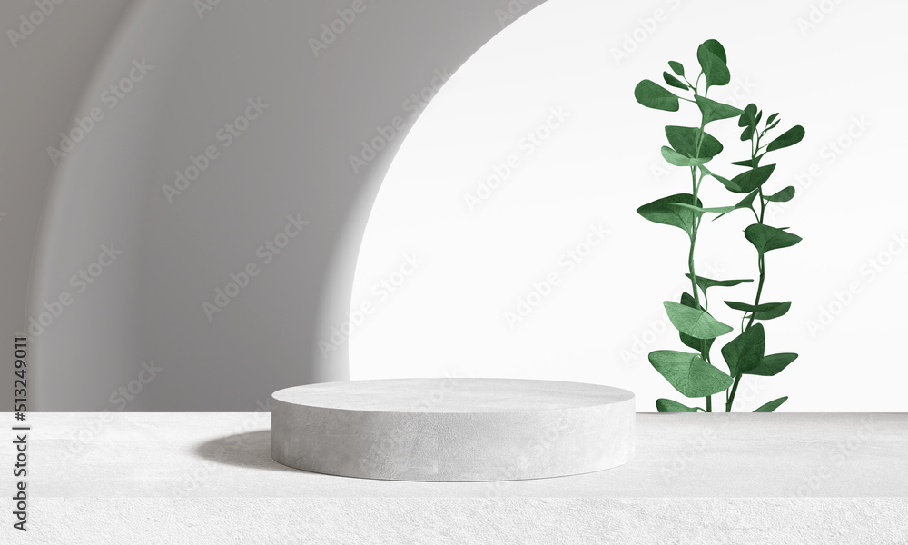 Product display podium with nature leaves on white background. 3D ...