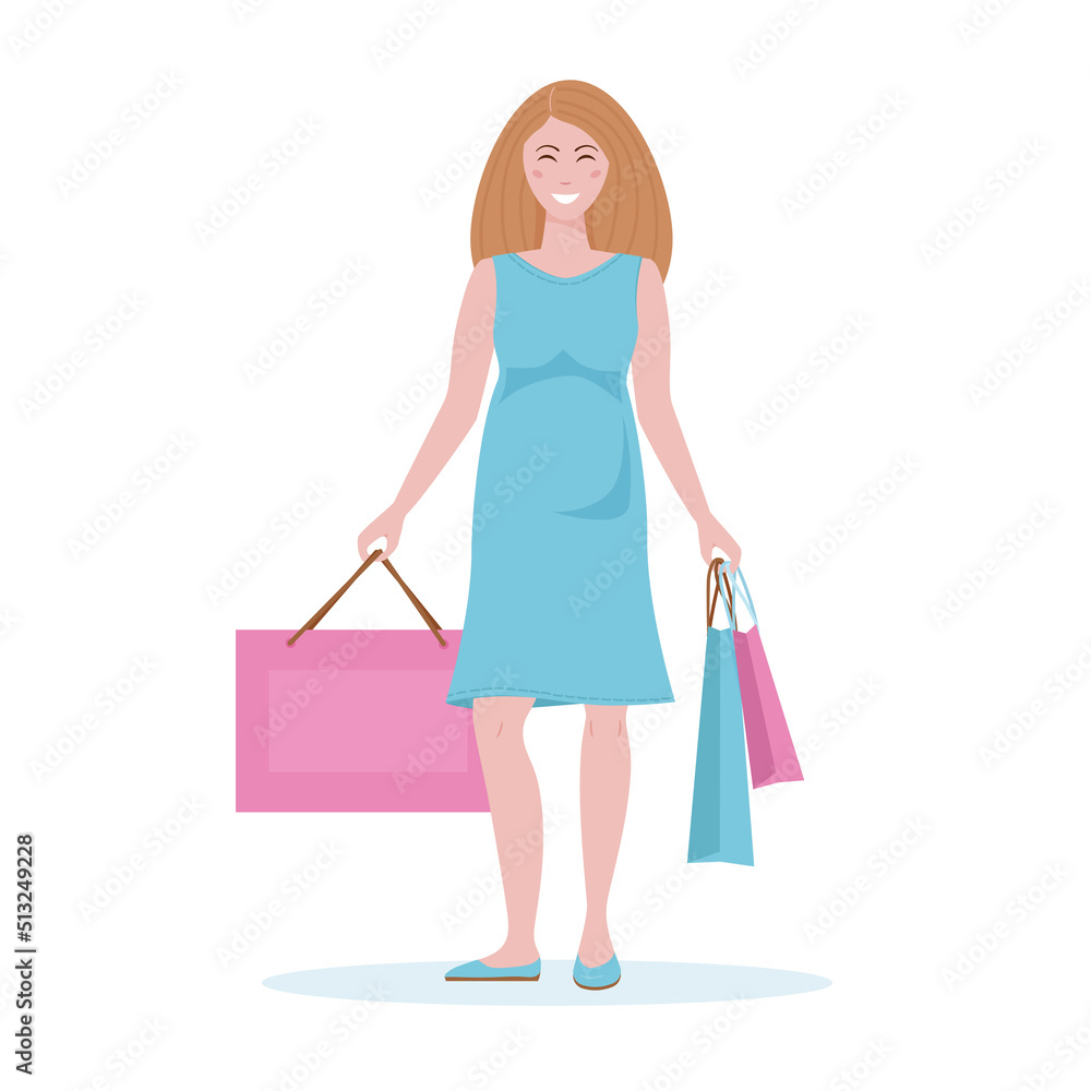 A pregnant woman with shopping bags in her hands. A smiling woman with shopping.