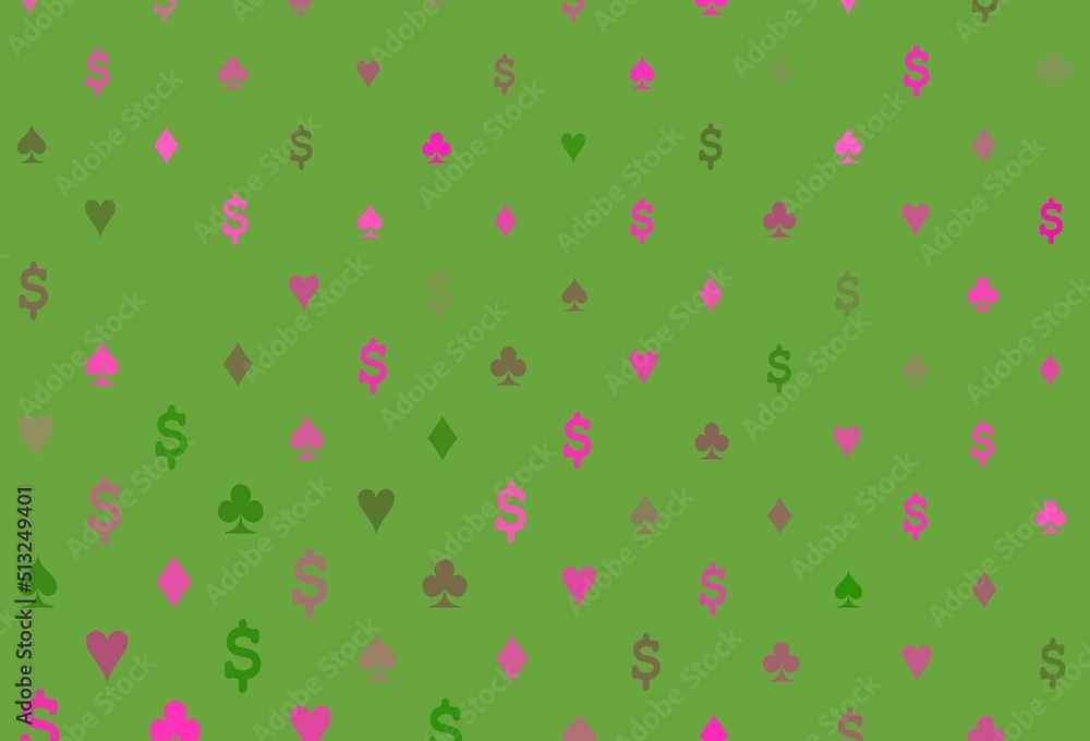 Light pink, green vector background with cards signs. Light pink, green vector background with cards signs.