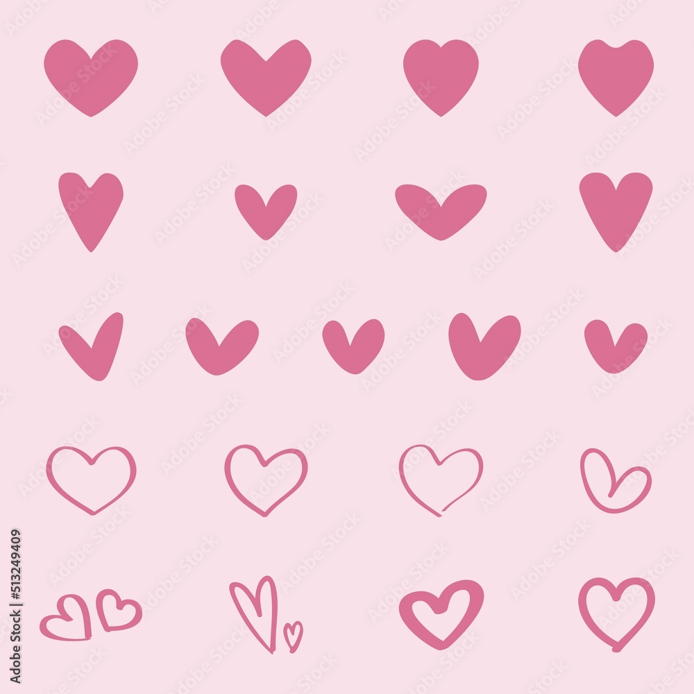 Heart vectors, set of love heart icons, symmetrical and hand drawn, simple and doodle art, design elements for Valentine's day