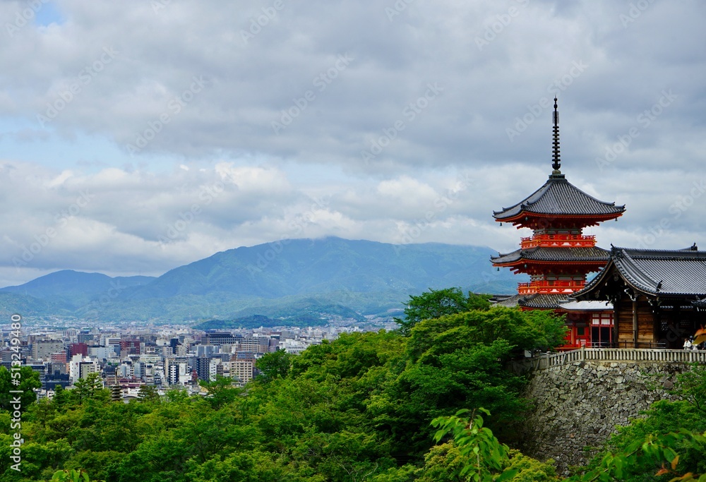 View of Kiyomizudera Temple and Kyoto on a cloudy day View of Kiyomizudera Temple and Kyoto on a cloudy day