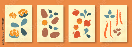 Abstract still life of vegetables. Collection of contemporary art in pastel colors for websites. Vector symbol set.