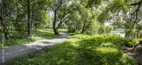 winding footpath on lakeshore with beautiful green trees in summer. panoramic view.