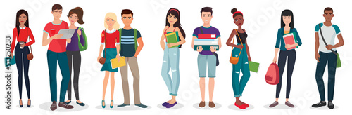 Diverse group of students set vector illustration. Cartoon different young female and male characters standing, happy smiling teenages holding coffee and books, laptop and phone isolated on white