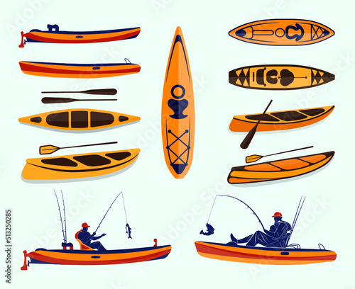 Fishing Boat And Canoe Illustration Clip Art Best Collection Design With Premium Vector, Creative Canoe And Fishing Boat.
