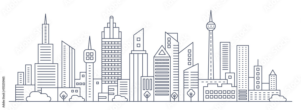 Future city with modern high buildings and towers thin line infographic vector illustration. Abstract outline skyline, panorama cityscape with downtown houses, constructions and trees background