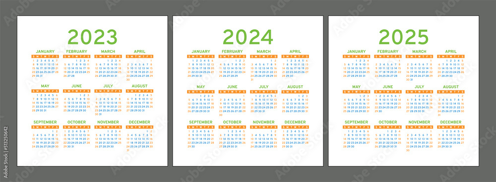 Calendar 2023, 2024 and 2025 years. Square vector calender design