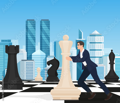 Chess strategy and tactics of business competition, career planning vector illustration. Cartoon businessman playing game, employee player holding white queen to move on chessboard background