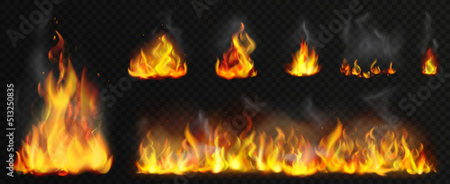 Leinwand Poster Fire flames with smoke set vector illustration