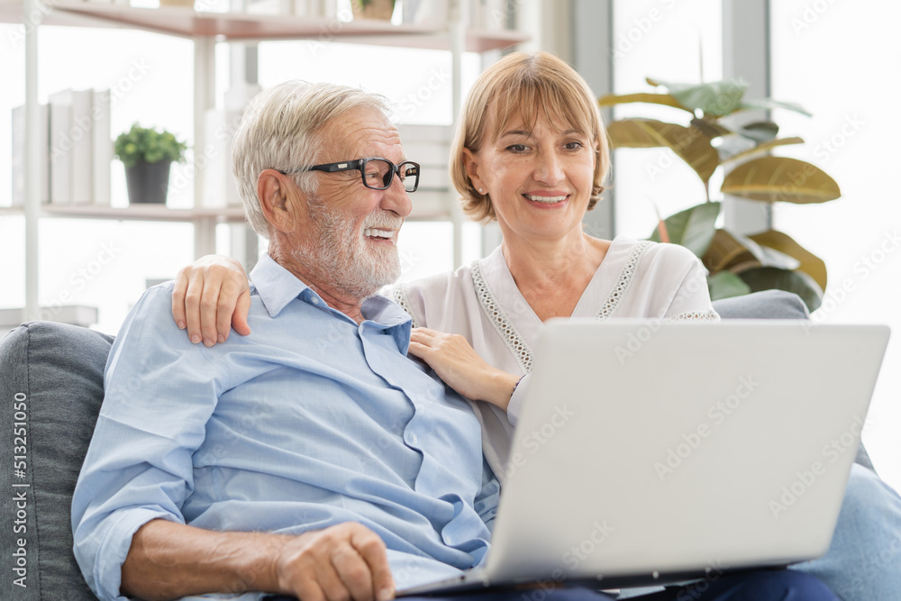 Happy senior couple, elderly family, caucasians mature, adult lover and retired man, woman using laptop computer shopping online, reading news on sofa at home together. Husband and wife lifestyle.