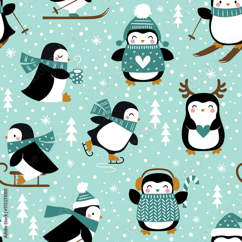 Seamless vector pattern with cute penguins and snowflakes on mint background. Perfect for textile, wallpaper or nursery print design.