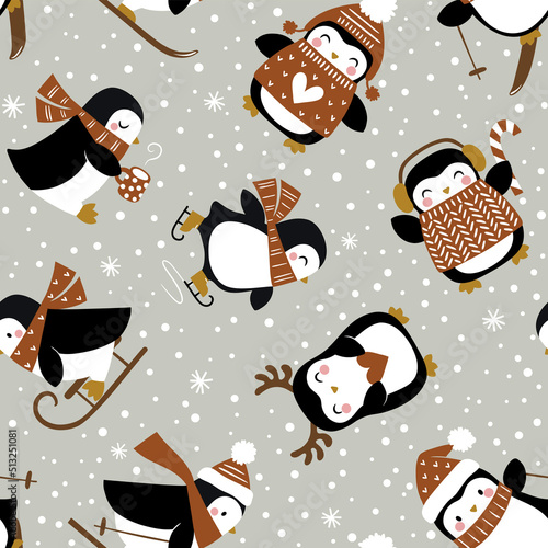 Seamless vector pattern with cute penguins and snowflakes on grey background. Perfect for textile, wallpaper or nursery print design.