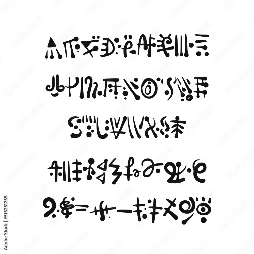 Alien form hieroglyphics font, seamless pattern, alphabet icons. Design