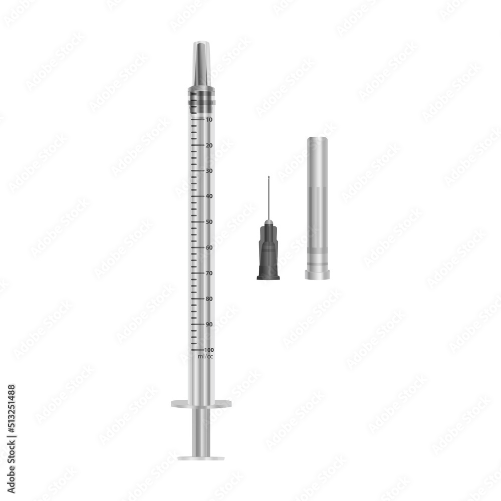 Syringe 5 ml with hypodermic needle on white background, medical reusable, Vector format Syringe 5 ml with hypodermic needle on white background, medical reusable, Vector format