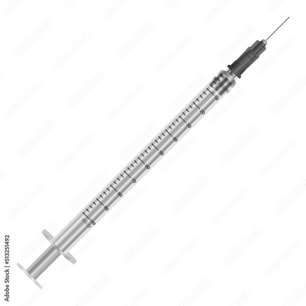 Syringe 5 ml with hypodermic needle on white background, medical reusable, Vector format Syringe 5 ml with hypodermic needle on white background, medical reusable, Vector format