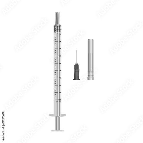 Syringe 5 ml with hypodermic needle on white background, medical reusable, Vector format