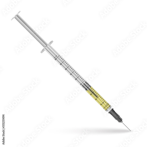 Syringe 5 ml with hypodermic needle on white background, medical reusable, Vector format