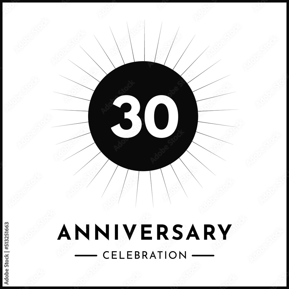 30 years anniversary celebration with starburst isolated on white background. Creative design for happy birthday, wedding, ceremony, event party, award, invitation event, and greeting card. 30 years anniversary celebration with starburst isolated on white background. Creative design for happy birthday, wedding, ceremony, event party, award, invitation event, and greeting card.