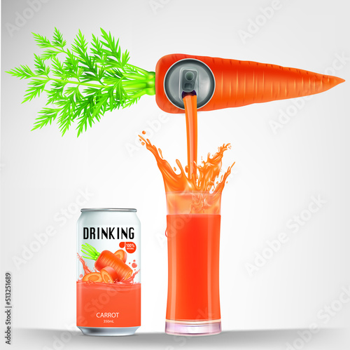 Fresh carrot juice soft drink with lid aluminum can and drinking straw. Isolated on a white background. Healthy fruit drink concept. Realistic vector illustration.