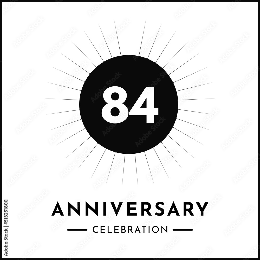 Obraz premium 84 years anniversary celebration with starburst isolated on white background. Creative design for happy birthday, wedding, ceremony, event party, award, invitation event, and greeting card.