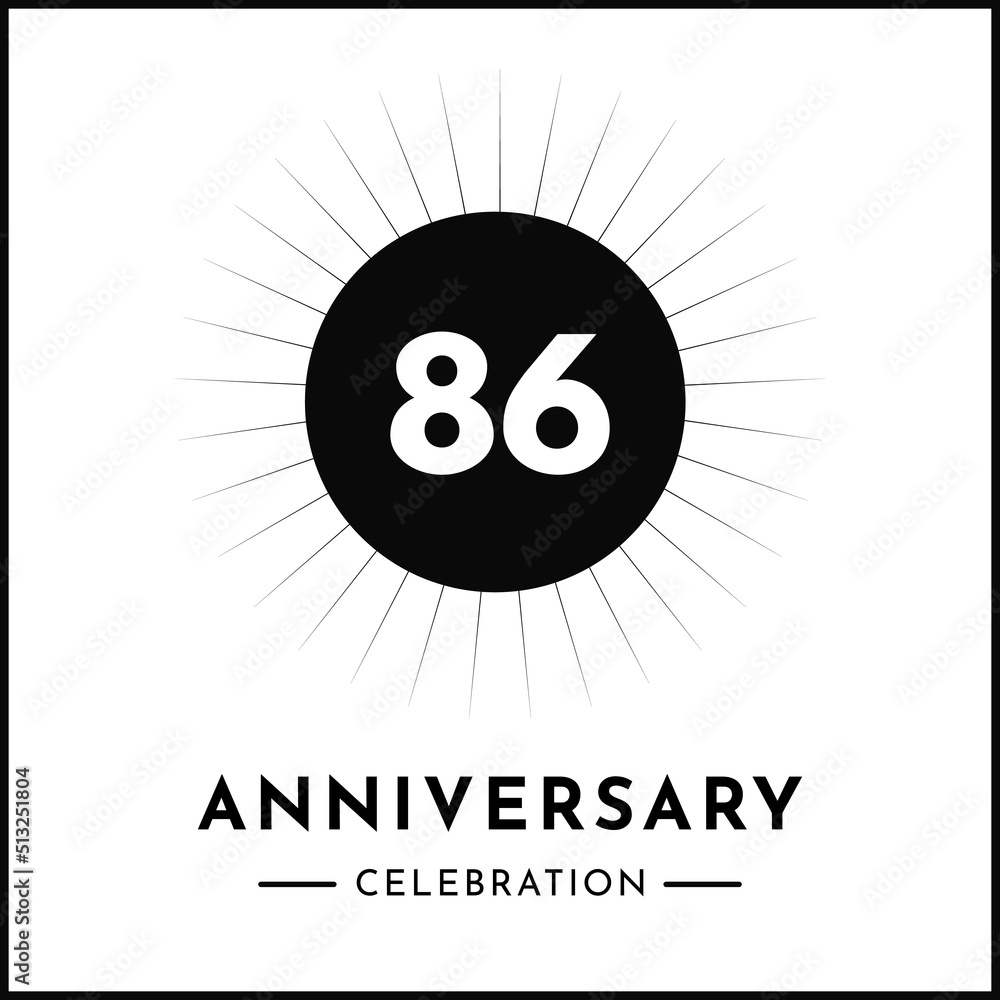 86 years anniversary celebration with starburst isolated on white background. Creative design for happy birthday, wedding, ceremony, event party, award, invitation event, and greeting card. 86 years anniversary celebration with starburst isolated on white background. Creative design for happy birthday, wedding, ceremony, event party, award, invitation event, and greeting card.