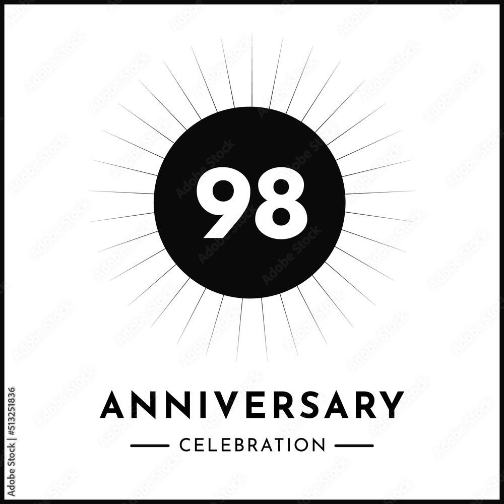98 years anniversary celebration with starburst isolated on white background. Creative design for happy birthday, wedding, ceremony, event party, award, invitation event, and greeting card. 98 years anniversary celebration with starburst isolated on white background. Creative design for happy birthday, wedding, ceremony, event party, award, invitation event, and greeting card.