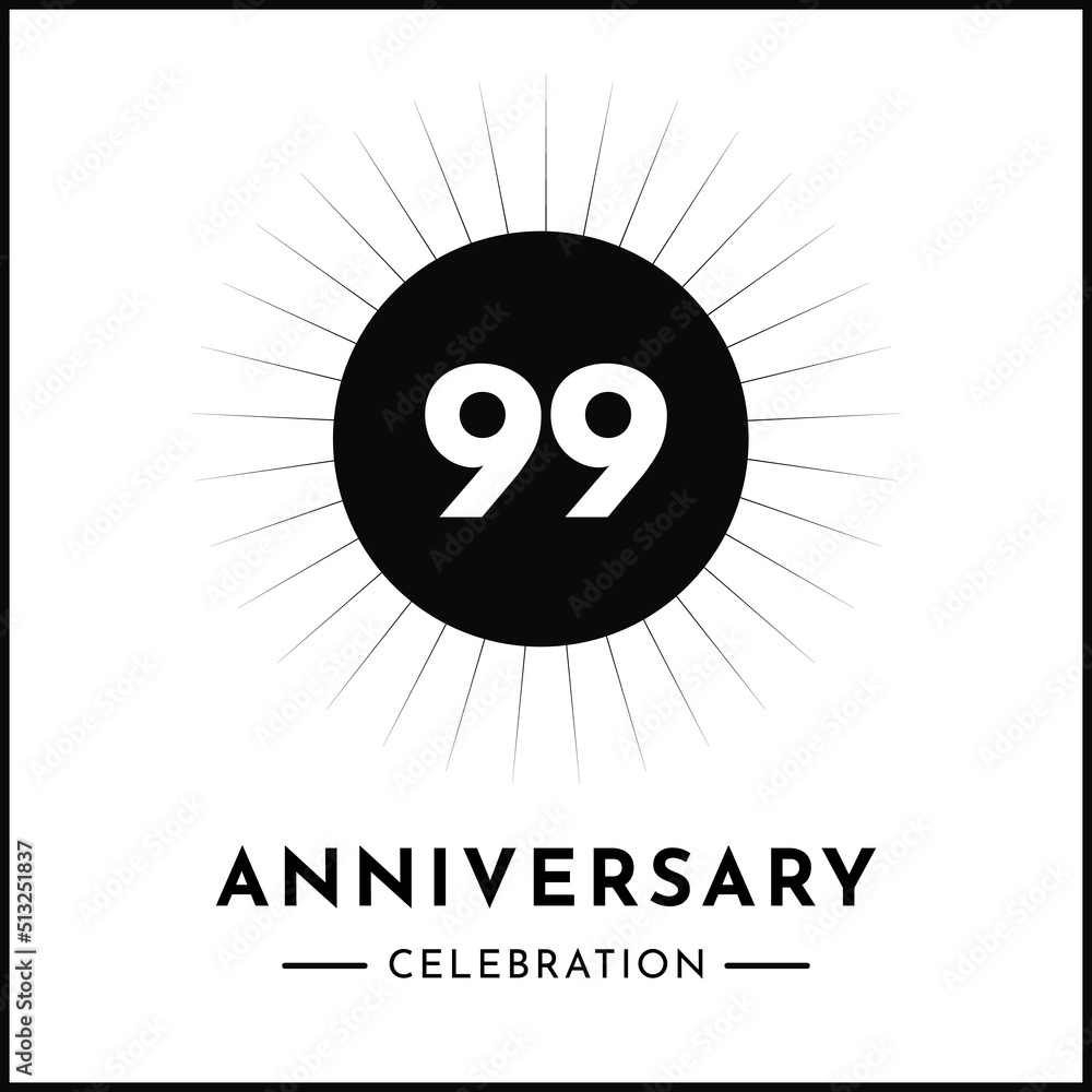 99 years anniversary celebration with starburst isolated on white background. Creative design for happy birthday, wedding, ceremony, event party, award, invitation event, and greeting card. 99 years anniversary celebration with starburst isolated on white background. Creative design for happy birthday, wedding, ceremony, event party, award, invitation event, and greeting card.