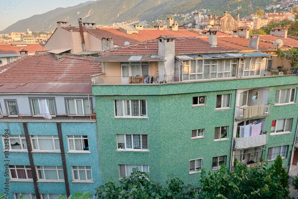 view of the old town of Bursa, Turkiye 12.09.2021. Grand mountain (Uludag) background