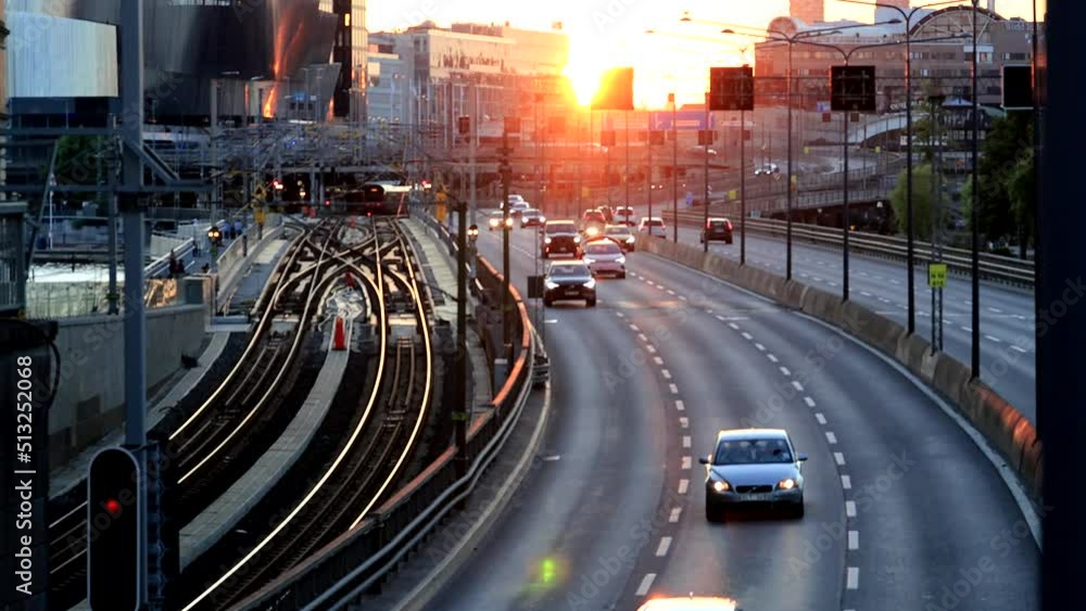 Stockholm, Sweden Traffic on Centralbron, Central Bridge, at sunset. 