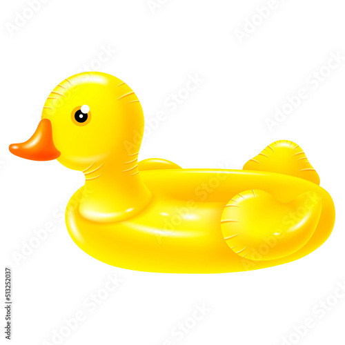 Inflatable rubber swimming ring in yellow duck shape. Cute and funny toy for kids leisure at the pool, sea, on the beach. Realistic vector illustration