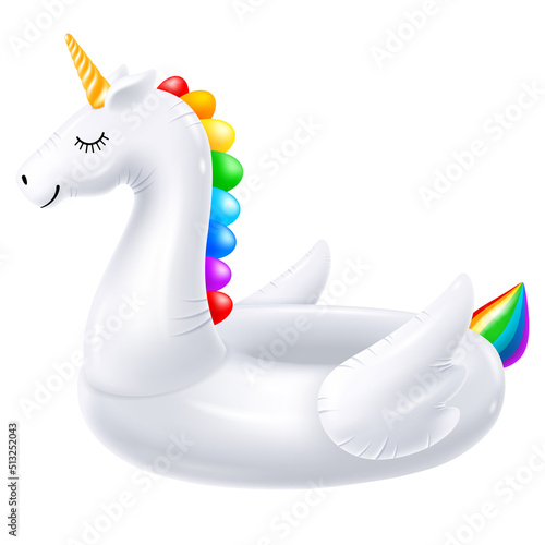 Inflatable rubber swimming ring in white unicorn shape. Cute and funny toy unicorn with golden horn, wings and rainbow hair, for leisure at the pool, sea, on the beach. Realistic vector illustration