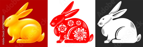 Set of Rabbits. Cute bunny, zodiac symbol of new year 2023 drawn as silhouette, golden figurine and with floral ornament in Chinese style. Isolated on various background. Vector illustration