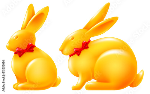 Set of sitting Rabbits. Cute bunny, zodiac symbol of Chinese new year 2023, drawn as realistic golden figurine and decorated with red bow. Isolated on white background. Vector illustration