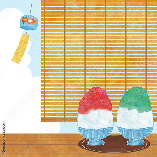 縁側でかき氷を食べながら納涼