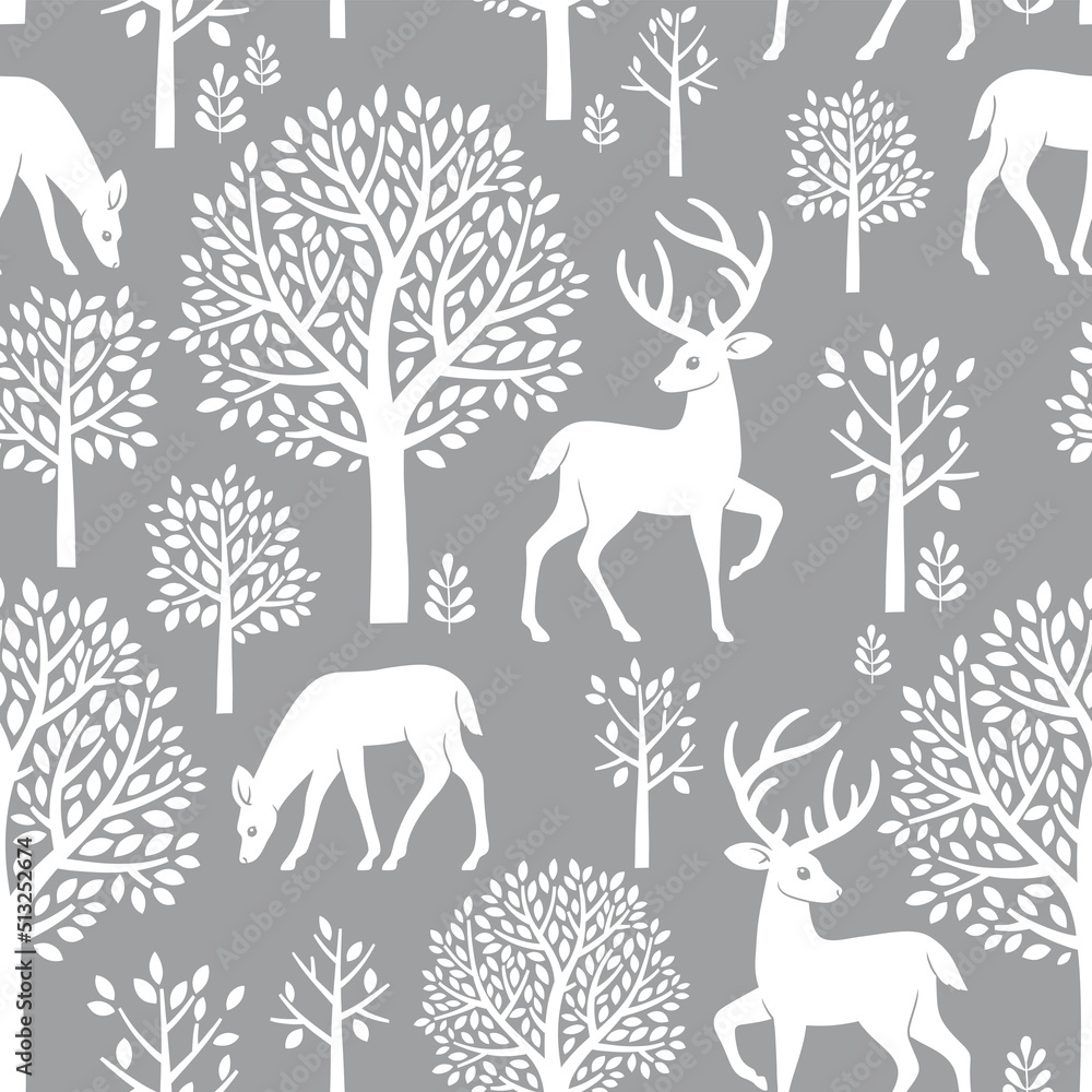 Seamless vector pattern with deer, fawn, trees and leaves. Scandinavian woodland illustration. Perfect for textile, wallpaper or print design. Seamless vector pattern with deer, fawn, trees and leaves. Scandinavian woodland illustration. Perfect for textile, wallpaper or print design.