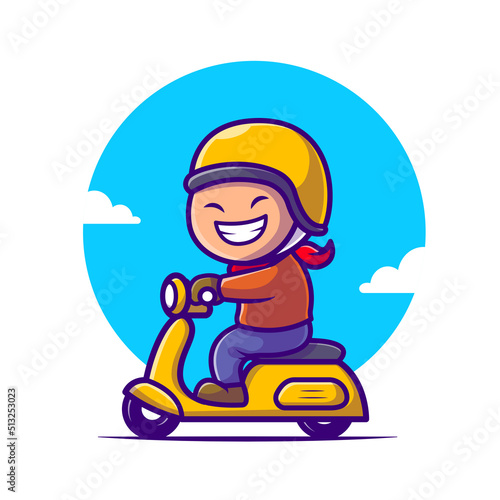 Cute Boy Riding Scooter Cartoon Vector Icon Illustration. People Transportation Icon Concept Isolated Premium Vector. Flat Cartoon Style