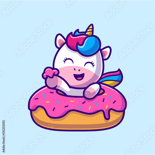 Cute Unicorn Eating Doughnut Cartoon Vector Icon Illustration. Animal Food Icon Concept Isolated Premium Vector. Flat Cartoon Style