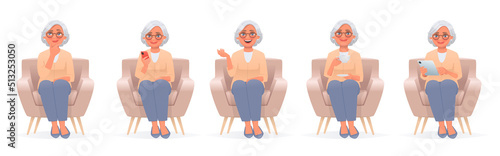 Set of character of a mature woman sitting in a chair. An elderly woman uses gadgets, a smartphone and a tablet, thinks and talks, drinks tea.