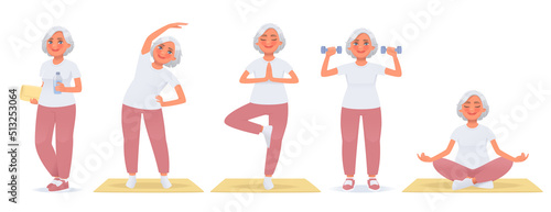 Set of mature woman character doing fitness or yoga and leading an active lifestyle. An elderly woman is doing exercises. Sports in old age.