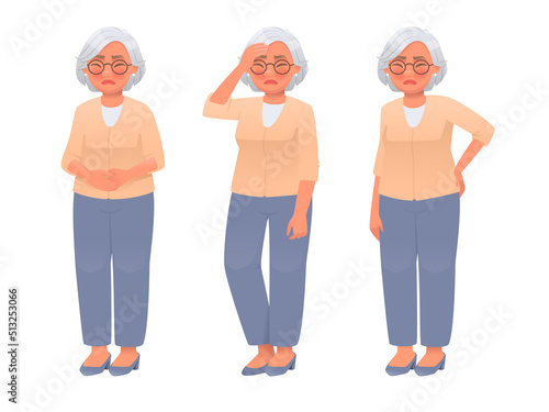 Elderly woman is in pain. Headache, menopause, back pain. Mature woman experiences symptoms of diseases