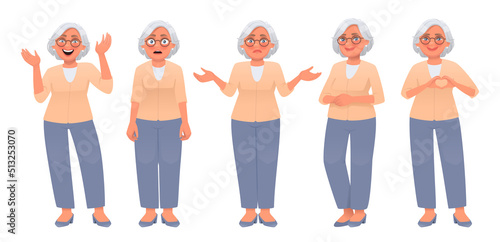 Mature woman character set. An elderly woman rejoices and dances, surprised, shrugs, poses and shows a heart gesture with her hands.