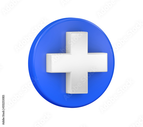 White Plus Mark button isolated on white background. 3D rendering 