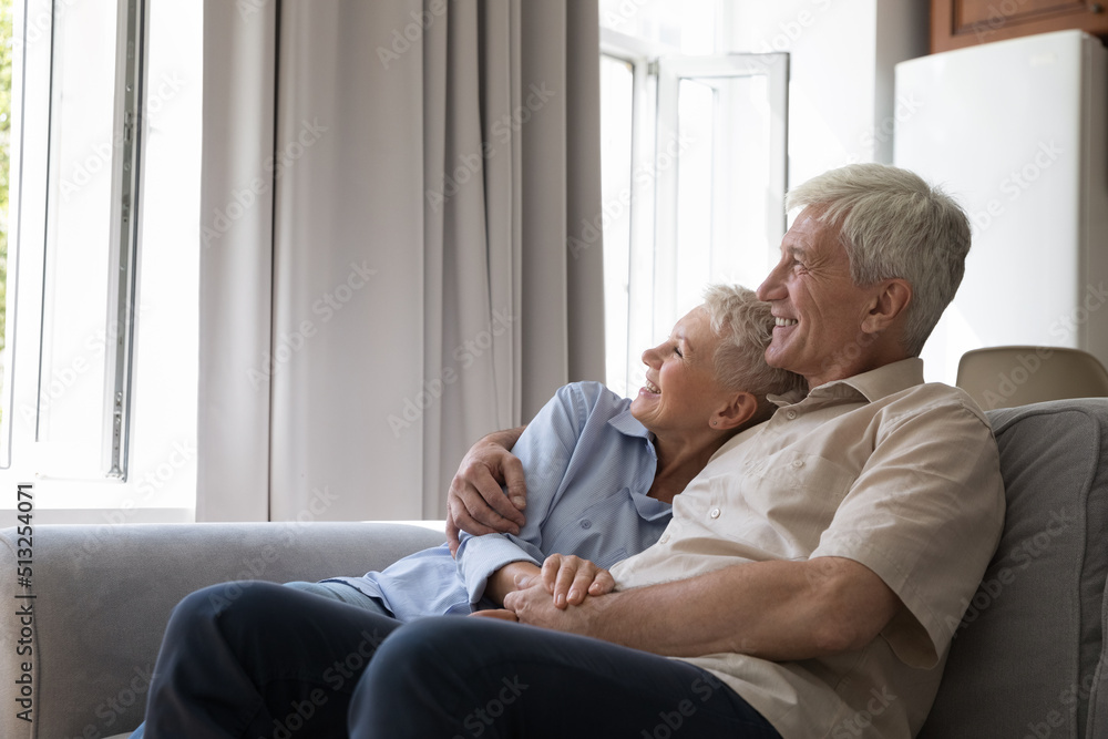 Laughing older grey-haired couple in love hugging daydreaming look out window relax on cozy sofa enjoy pleasant talk spend free time at modern home. Happy marriage, harmony, romantic relations concept Laughing older grey-haired couple in love hugging daydreaming look out window relax on cozy sofa enjoy pleasant talk spend free time at modern home. Happy marriage, harmony, romantic relations concept